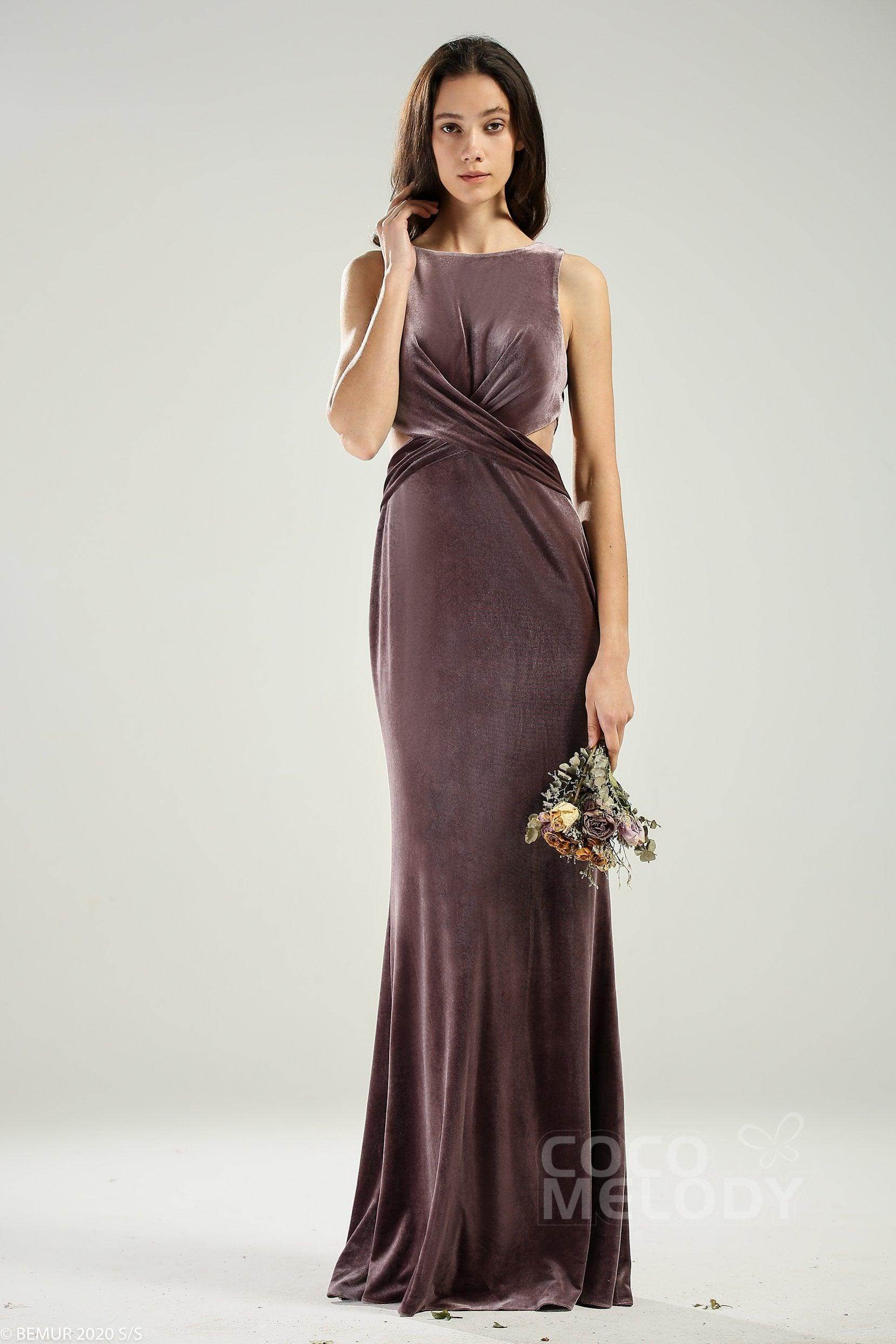 Sheath-Column Floor Length Velvet Bridesmaid Dress CB0624 - COCOMELODY